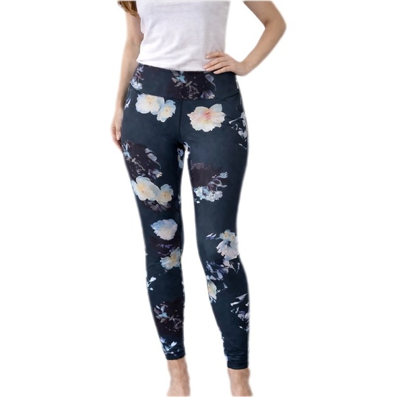 Alfenix Pants - Alfenix Leggings Dark Green with Floral Print Workout High Waist Size M